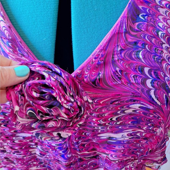 Vintage 70s/80s Hot Pink/Purple Swirl Ruffled Flutter Sleeve Dress Women Size L - Picture 3 of 10